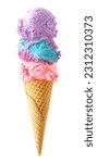 Small photo of Triple scoop ice cream cone isolated on a white background. Pastel purple, blue and pink in a waffle cone.