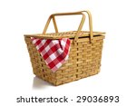 A wicker picnic basket with a red gingham cloth on a white background