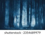 Small photo of Halloween horror concept. Creepy female ghost wearing bloody bride gown while standing in the misty forest