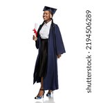 Small photo of education, graduation and people concept - happy graduate student woman in mortarboard and bachelor gown walking with diploma