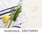 Small photo of Jewish festival of Sukkot. Traditional symbols (The four species): Etrog (citron), lulav (palm branch), hadas (myrtle), arava (willow)