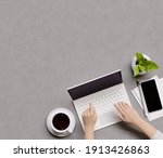 overhead shot of office desktop.... | Shutterstock . vector #1913426863