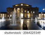 Small photo of HUDDERSFIELD, UK - OCTOBER 26, 2021: The water fountains in front of the Huddersfield train station in the early morning, Kirklees, West Yorkshire