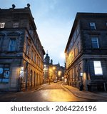 Small photo of HUDDERSFIELD, UK - OCTOBER 26, 2021: The Victorian classical buildings close to Huddersfield train station in the early morning, Kirklees, West Yorkshire