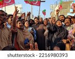 Small photo of SUKKUR, PAKISTAN - OCT 21: Activists of PTI are holding protest demonstration against disqualification of Imran Khan, Former Prime Minister in Toshakhana case, on October 21, 2022 in Sukkur.