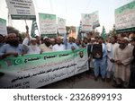 Small photo of PESHAWAR, PAKISTAN - JUL 04: Activists of Pakistan Rah-e-Haq Party (PRHP) are holding protest demonstration against desecration of Holy Quran in Sweden, at press club on July 4, 2023 in Peshawar.