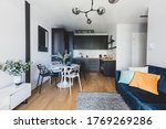 Small photo of Living room with kitchen annexe in a modern studio apartment for rent. Interior design