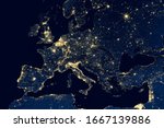 Europe map in global satellite picture, view of city lights on night Earth from space. EU, UK and Mediterranean, World part in orbit photo. Elements of this image furnished by NASA.