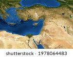 Middle East map in global satellite photo, flat view. Detailed physical map of Turkey, Syria, Israel, Lebanon, Egypt, Jordan. Israel and topography theme. Elements of this image furnished by NASA.