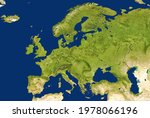 Europe map in satellite picture, flat view of European part of world from space. Detailed physical map with green land and blue seas. Europe and topography theme. Elements of image furnished by NASA.
