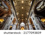 Small photo of Inside St Peter Basilica, Rome, Italy. Saint Peters cathedral is top landmark of Rome and Vatican City. Ornate Baroque interior of St Peter church, famous luxury S Peter basilica. Rome - Jun 12, 2022