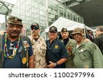 Small photo of New York, NY - May 28, 2018: Veterans Stanley Wright, Nick Terranova, Darell Delong, George Arnone, Lawrence Lynch attend Memorial Day celebration at Intrepid Sea, Air & Space Museum