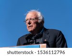 Small photo of New York, NY - October 19, 2019: U.S. Senator Bernie Sanders speaks during Bernie Sanders Rally "Bernie's Back" in Queensbridge Park