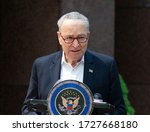 Small photo of New York, NY - May 10, 2020: US Senator Chuck Schumer demands VA to answer purpose of recent bulk order of Hydroxychloroquine medication during COVID-19 pandemic at 780 3rd Avenue