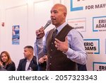 Small photo of New York, NY - October 13, 2021: Bronx Borough President Ruben Diaz Jr. speaks at rally for Adams with Latino leaders at Grand Slam Banquet Hall