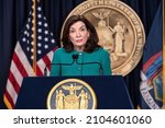 Small photo of New York, NY - January 11, 2022: Governor Kathy Hochul holds a COVID-19 briefing at New York City governor’s office on 633 3rd Avenue