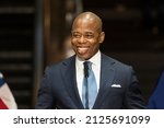 Small photo of New York, NY - February 18, 2022: Mayor Eric Adams speaks during joint announcement with Governor Kathy Hochul at Fulton street subway station