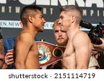 Small photo of New York, NY - April 29, 2022: Jessie Vargas and Liam Smith face off during the Weigh-In leading up to their super welterweight fight at Hulu Theater at MSG