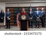 Small photo of New York, NY - May 5, 2022: Administrator for the DEA Anne Milgram speaks during press conference at US Attorney Office library announcing extradiction of Otoniel from Colombia