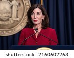 Small photo of New York, NY - May 25, 2022: Governor Kathy Hochul speaks at Antonio Delgado swearing in ceremony as New York State Lieutenant Governor at New York City governor's office