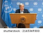 Small photo of New York, NY - June 8, 2022: UN Secretary-General Antonio Guterres speaks during press briefing with UNCTAD Secretary-General Rebeca Grynspan at UN Headquarters