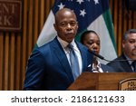 Small photo of New York, NY - August 3, 2022: Mayor Eric Adams speaks during joint briefing with Police Commissioner Keechant Sewell at One Police Plaza