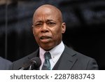 Small photo of Mayor Eric Adams speaks during NYPD announcement of deployment of innovative technologies on Times Square in New York on April 11, 2023