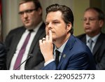 Small photo of Congressman Matt Gaetz (R) attends House Judiciary Committee field hearing on New York City violent crimes at Javits Federal Building in New York City on April 17, 2023