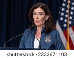 Small photo of Governor Kathy Hochul updates New Yorkers on extreme weather at governor's office in New York on July 16, 2023. She was joined by Director of State Operations Kathryn Garcia.