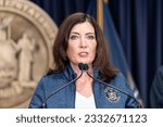 Small photo of Governor Kathy Hochul updates New Yorkers on extreme weather at governor's office in New York on July 16, 2023. She was joined by Director of State Operations Kathryn Garcia.