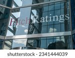 Small photo of View of Fitch Rating Headquarters in New York on August 2, 2023 day after company downgraded US long-term debt from AAA to AA+ which led to Dow Jones was down by almost 350 point