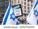 Small photo of Activists rally in front of Loews Regency New York Hotel on Aug 28, 2023 where Israel Minister of Defence Yoav Gallant staying demanding he vote against judicial reform proposed by the new government
