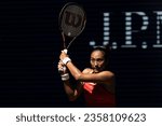 Small photo of Qinwen Zheng of China returns ball during quarterfinal round against Aryna Sabalenka at the US Open Championships at Billie Jean King Tennis Center in New York on September 6, 2023