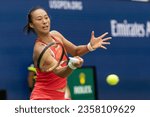 Small photo of Qinwen Zheng of China returns ball during quarterfinal round against Aryna Sabalenka at the US Open Championships at Billie Jean King Tennis Center in New York on September 6, 2023