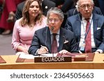 Small photo of Ecuadorian President Guillermo Lasso Mendoza attends SC meeting on maintenance of international peace and security at UN Headquarters in New York on September 20, 2023