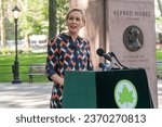Small photo of Consul General of Sweden Camilla Mellander speaks during ceremony to unveil names of 6 Americans who won the prize in 2022 on Nobel Monument at Theodore Roosevelt Park in New York on October 3, 2023