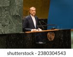 Small photo of Hossein Amir-Abdollahian, Minister for Foreign Affairs of the Islamic Republic of Iran speaks during 10th Emergency Special Session at UN Headquarters in New York on October 26, 2023.
