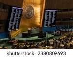 Small photo of Results of voting by General Assembly on resolution on Israel-Palestinian conflict at UN Headquarters in New York on October 27, 2023. GA adopted the resolution sponsored by Jordan