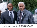 Small photo of Mayor Eric Adams and Jamie Dimon pose after signing the final steel beam to be raised at JP Morgan Chase new global headquarters in New York on November 20, 2023