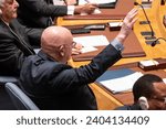 Small photo of Ambassador Vassily Nebenzia votes as abstain on the resolution during Security Council meeting on the situation in the Middle East at UN Headquarters in New York on December 22, 2023