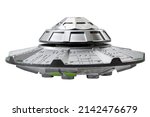 Small photo of Artificial celestial objects, alien UFO and science fiction spacecraft concept with silver metal spaceship isolated on white background with clipping path cutout