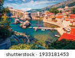 Сharm of the ancient cities of Europe. Aerial mornig view of Old Town from Fort Bokar. Picturesque summer cityscape of Dubrovnik. Sunny seascape of Adriatic sea, Croatia, Europe. 
