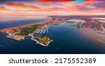 Small photo of Great sunset on Adriatic sea. Impressive summer view from flying drone of San Felice fortress, Italy, Europe. Traveling concept background.