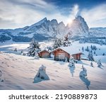 Small photo of Untouched winter landscape. Frosty morning view of Alpe di Siusi village. Nicewinter landscape of Dolomite Alps. Exciting outdoor scene of ski resort, Ityaly. Beauty of nature concept background.