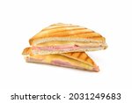  Pressed and toasted sandwich with ham and cheese on white background