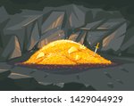 Big bright pile of gold coins with different treasures in dark cave, treasures hidden deep in the cave, wealth conceptual illustration