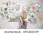 Smiling young woman on brick wall background with abstract brain sketch. Left and right hemispheres concept 
