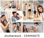 Do it yourself, happy young couple working building new home. Image mosaic.