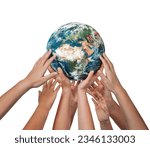 Small photo of Many children hands holding planet earth isolated on white background