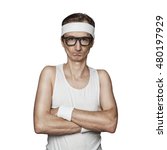 Small photo of Funny sport nerd pretending tough guy isolated on white background
